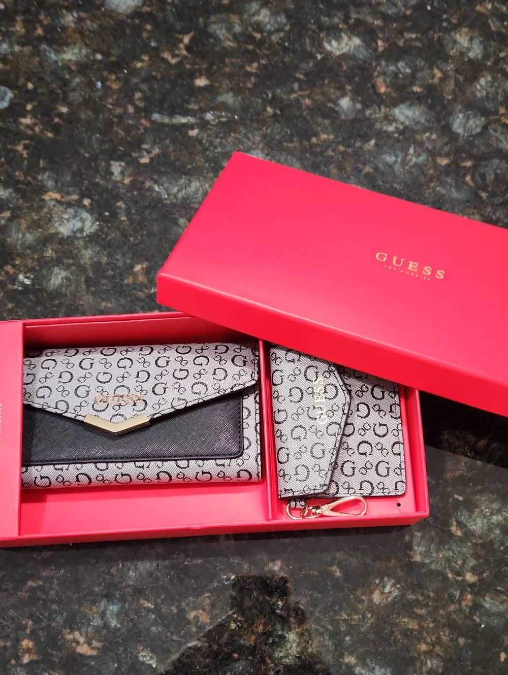 Guess Beige Monogram Envelope Wallet & Card Holder Set with Black Trim